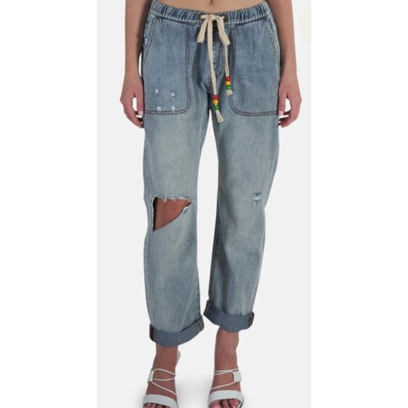 One Teaspoon Shabbies Drawstring Boyfriend Sweatpants Jeans 26 Distressed Blue - Picture 2 of 9